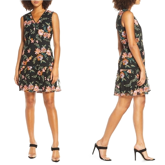 Sam Edelman Sleeveless Black Embroidery Mesh floral Whimsical Garden mini Dress - Picture 2 of 13